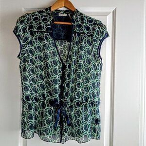 Guess Navy Green Print Sheer Silk Cap Sleeve Top